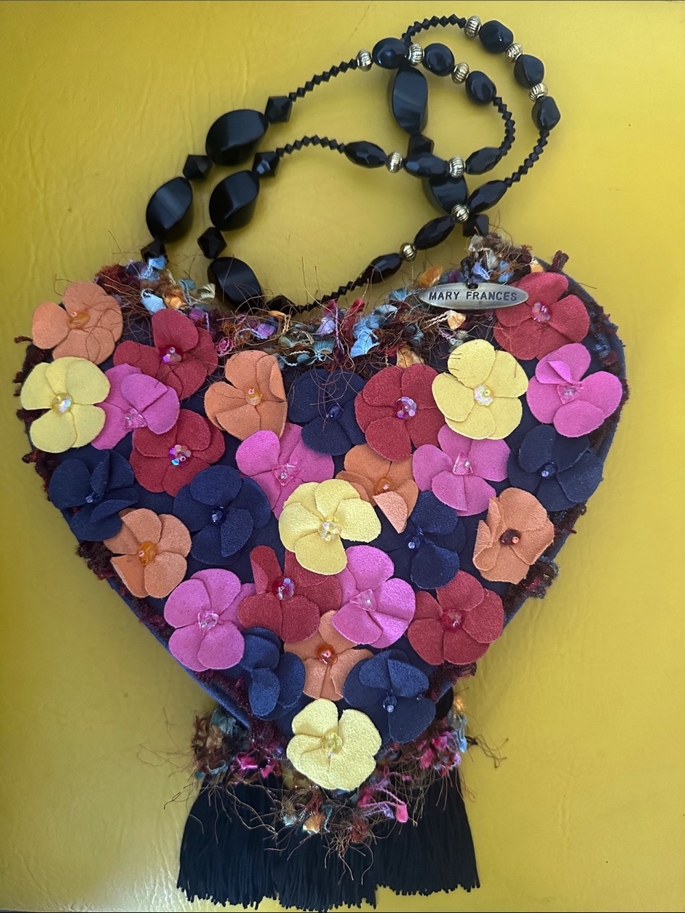 Mary Frances Multicolor Floral Heart Mini Bag with Beaded Strap